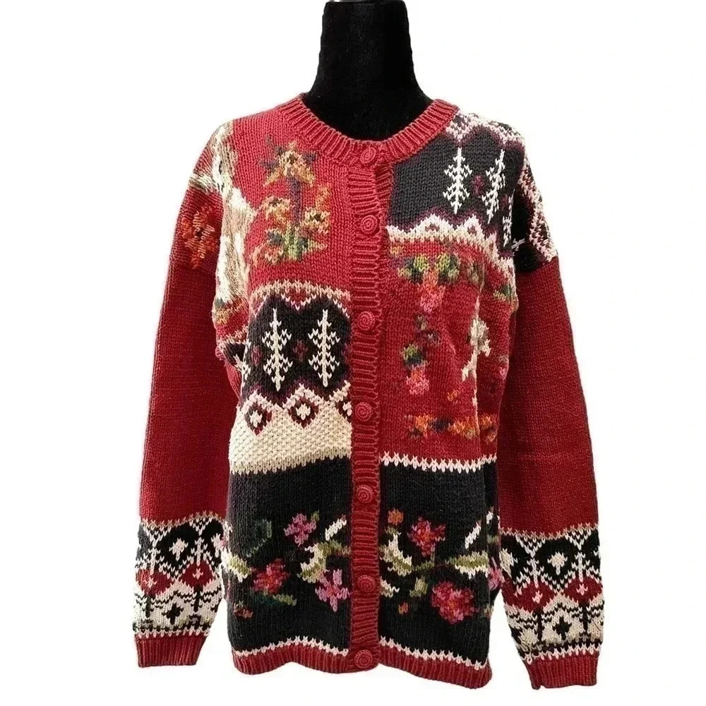 Vintage  Cleo Cardigan Animal Embroidered Grandma Sweater Red Blue Size Medium